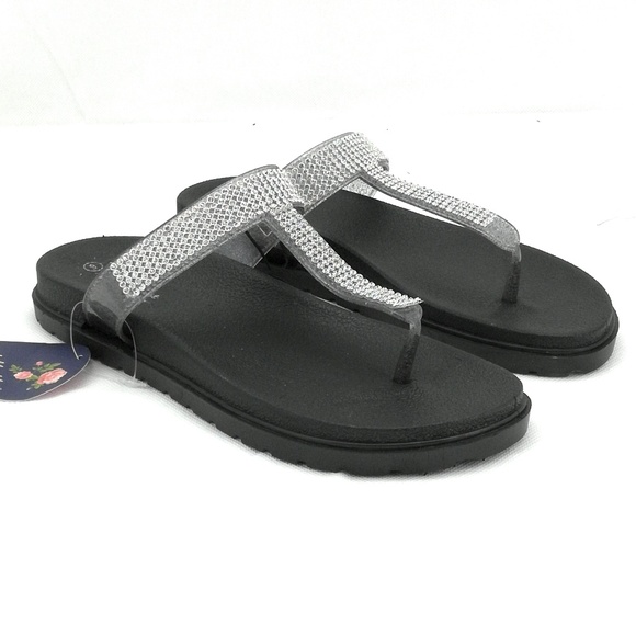 Ashley Blue Shoes - Ashley Blue Women's Black & Silver Rhinestone Slip on Sandals Size 9